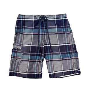 O'Neill Mens Santa Cruz Plaid Board Shorts Size 33 Navy Blue Teal Red 11" Inseam